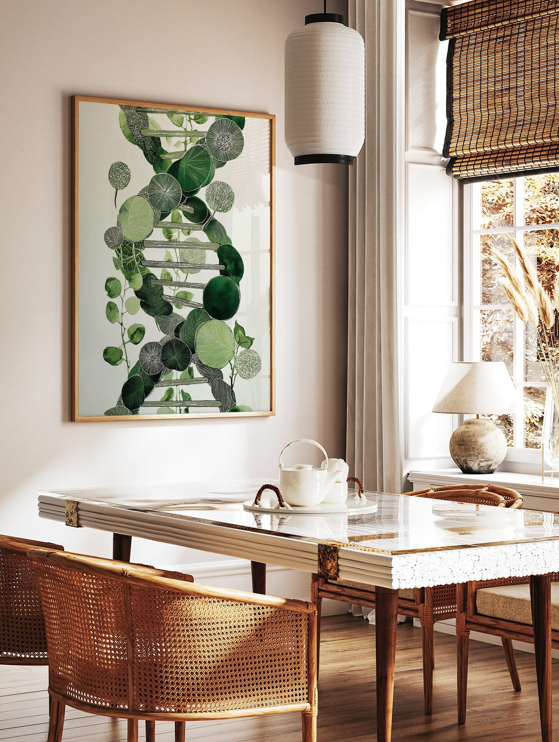 Green botanical DNA helix illustration with varied leaf shapes and textures on a white background, in a styled room mockup