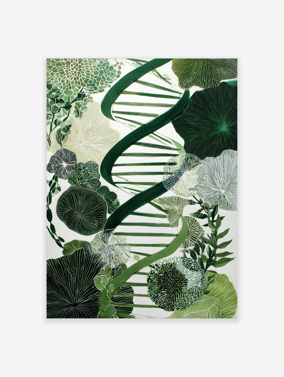 Green DNA double helix intertwined with various botanical and cellular patterns on a white background, illustrative style