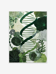 Green DNA double helix intertwined with various botanical and cellular patterns on a white background, illustrative style