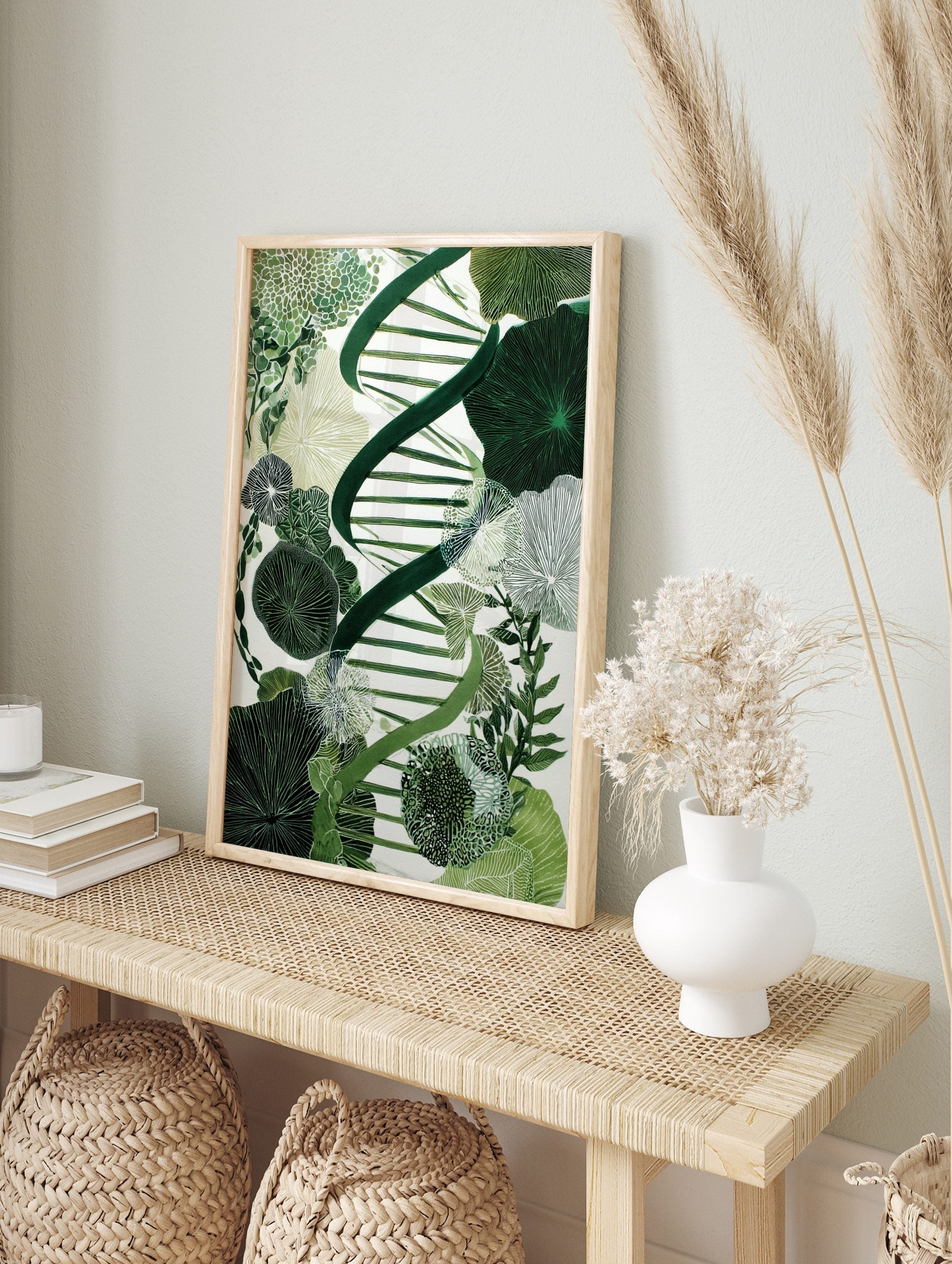 Green DNA double helix intertwined with various botanical and cellular patterns on a white, in an alternate framed mockup