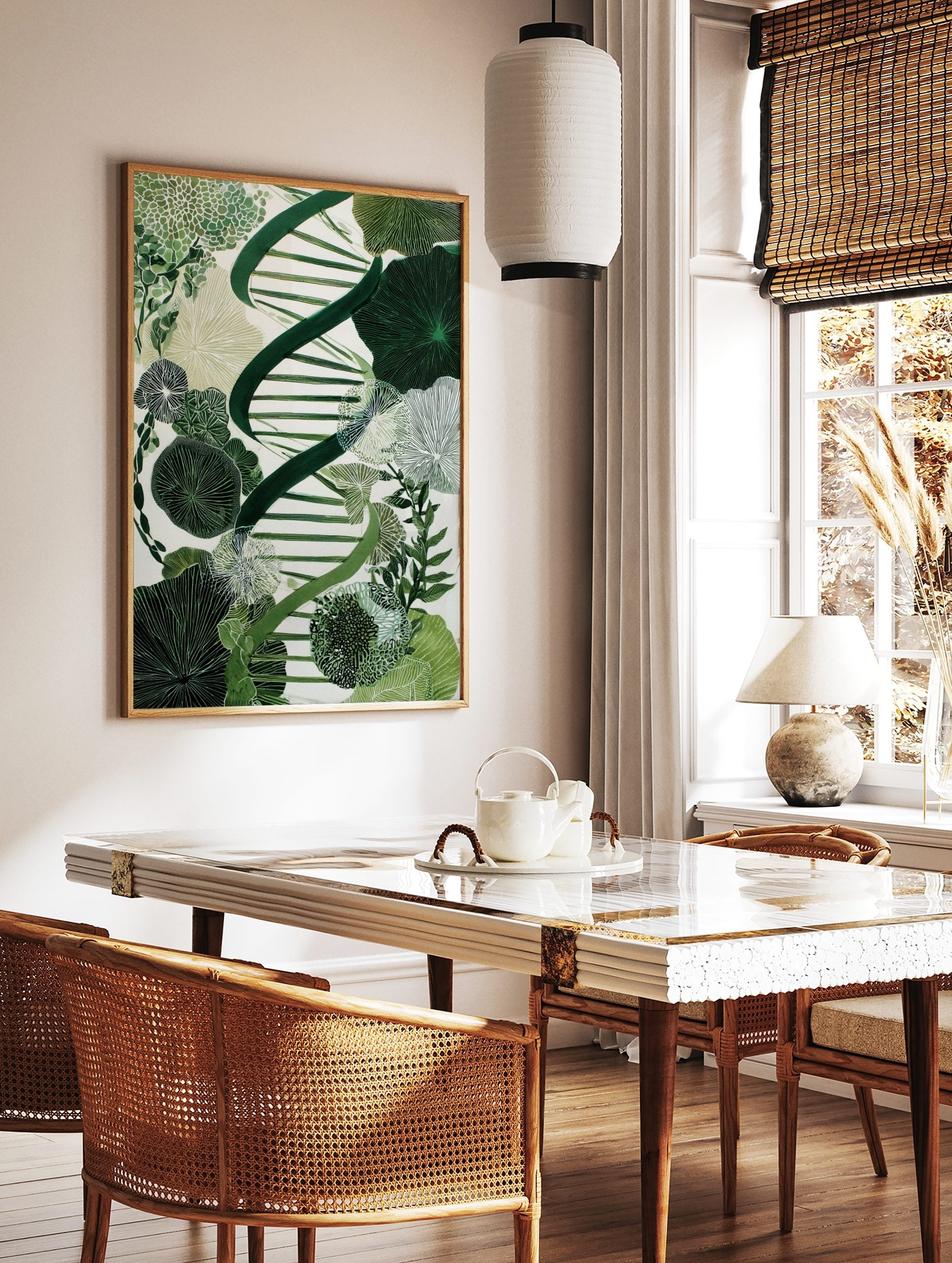 Green DNA double helix intertwined with various botanical and cellular patterns on a white, in a styled room mockup