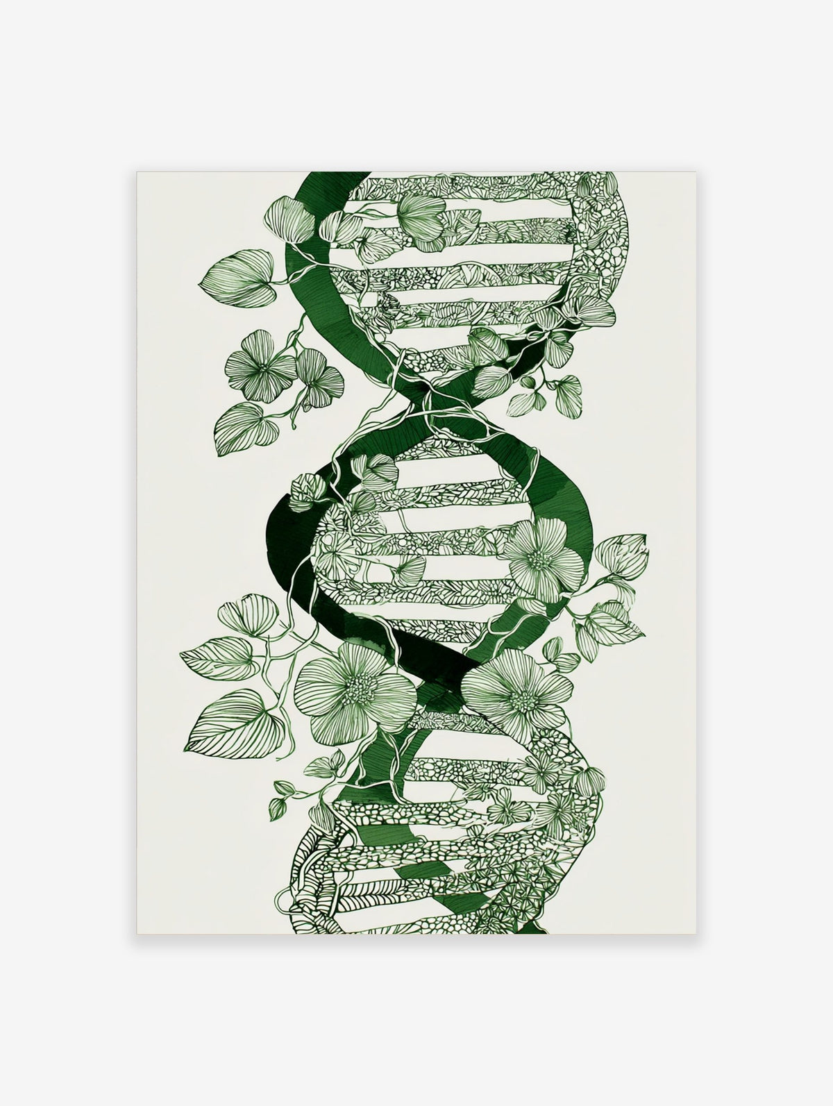 Green botanical DNA double helix illustration with winding vines and flowers on white background