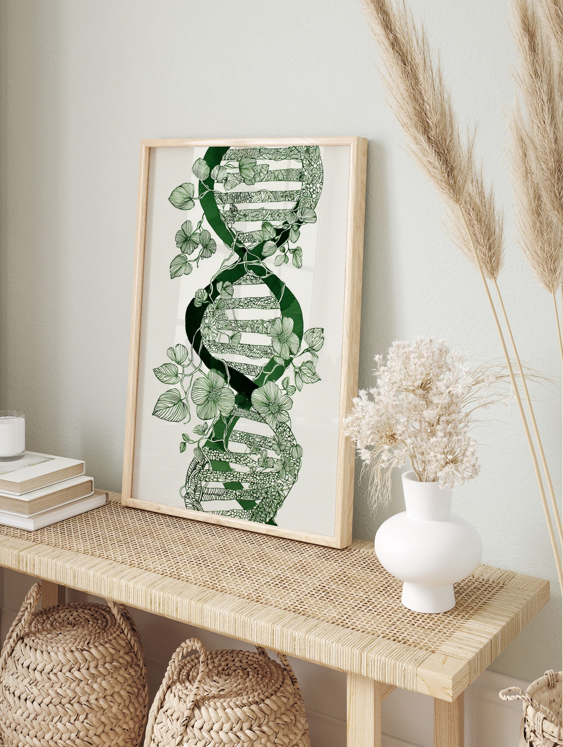 Green botanical DNA double helix illustration with winding vines and flowers on white, in an alternate framed mockup