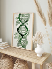 Green botanical DNA double helix illustration with winding vines and flowers on white, in an alternate framed mockup