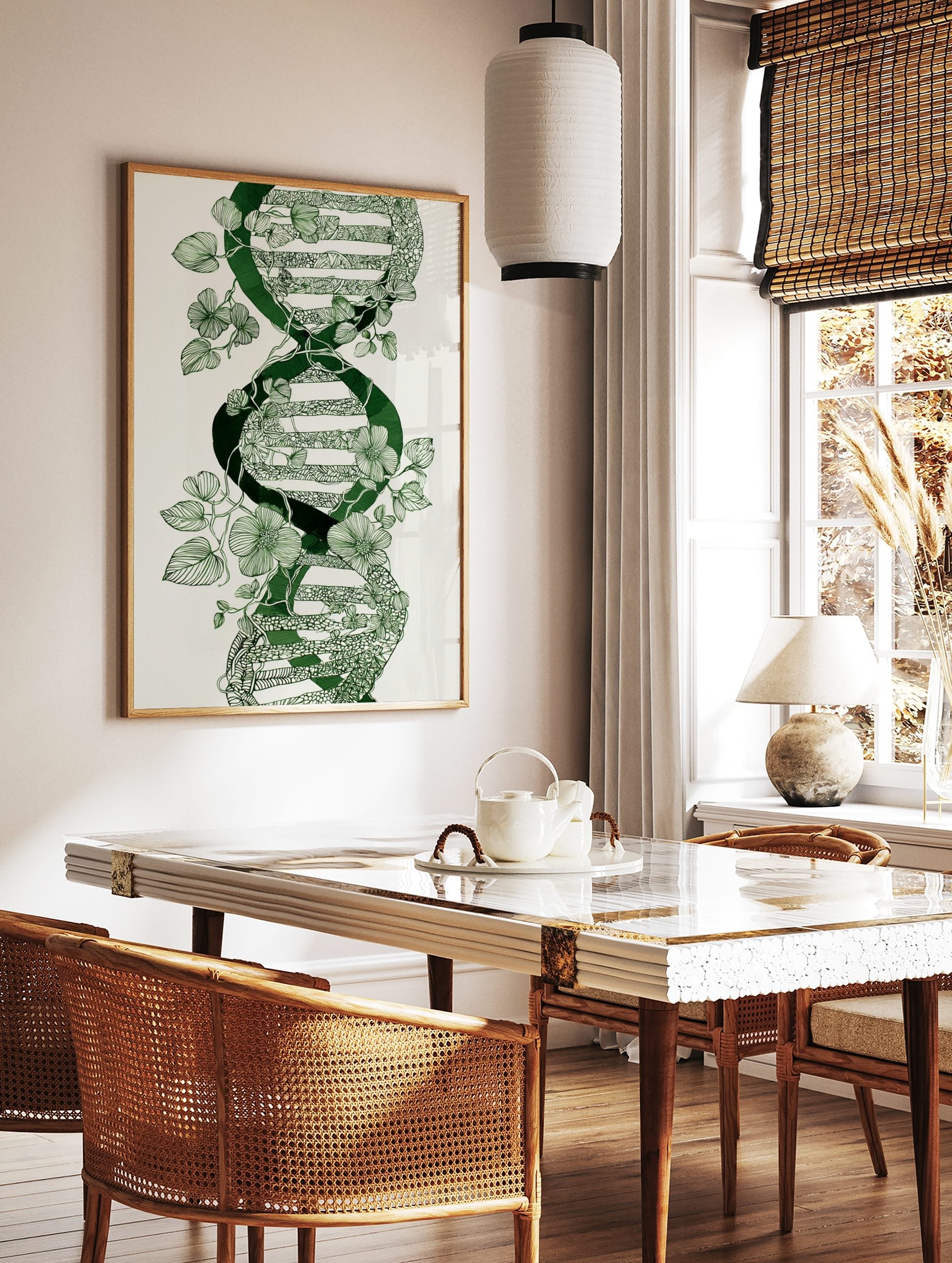 Green botanical DNA double helix illustration with winding vines and flowers on white background, in a styled room mockup