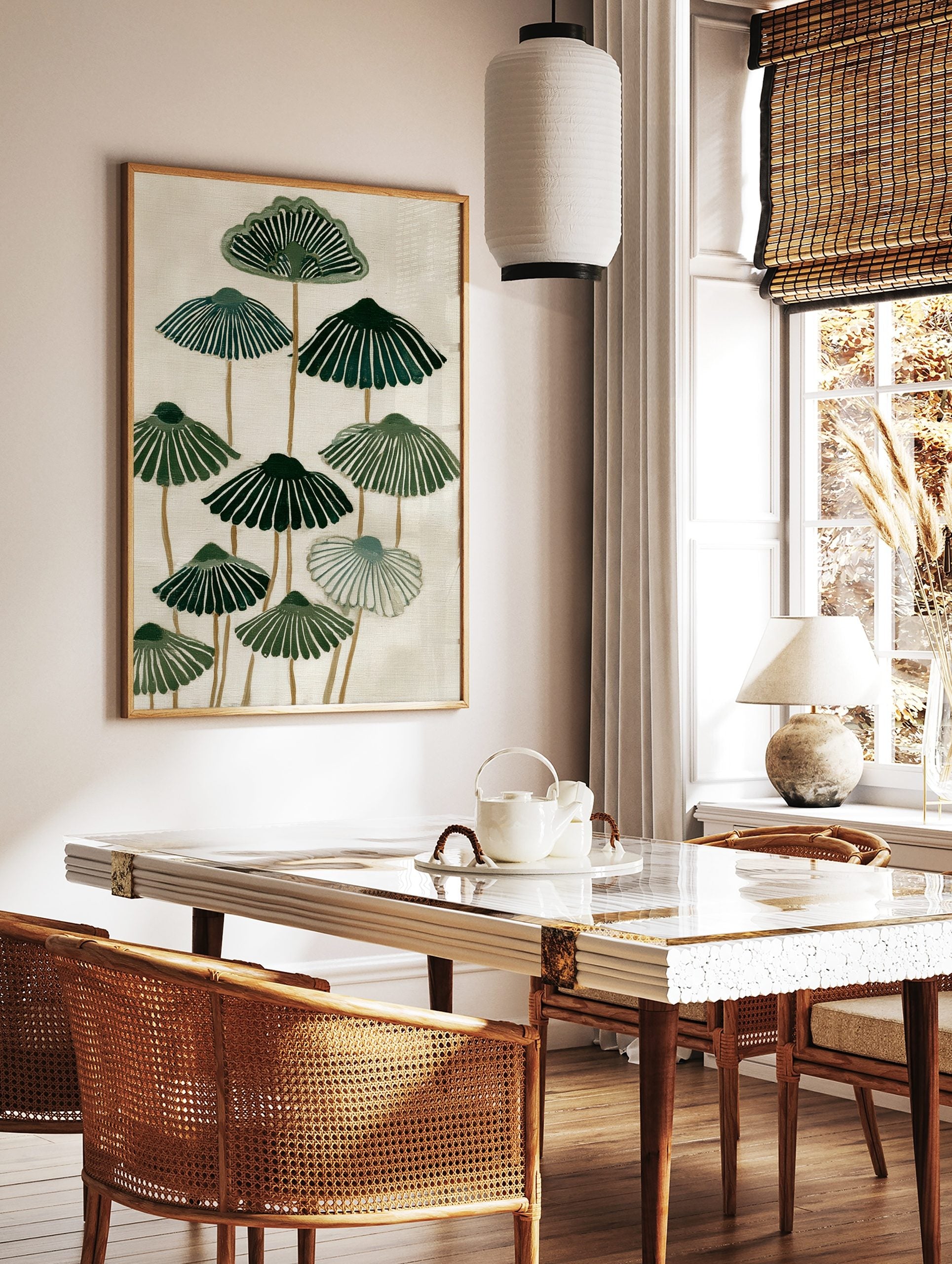 Stylised green botanical fan shapes with radiating lines on a cream background, abstract nature art, in a styled room mockup