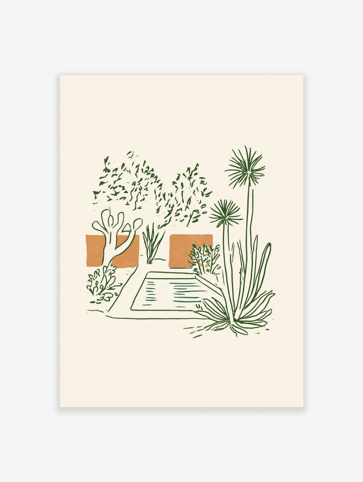 Green botanical garden line art print with stylised trees, spiky plants, and orange blocks on cream
