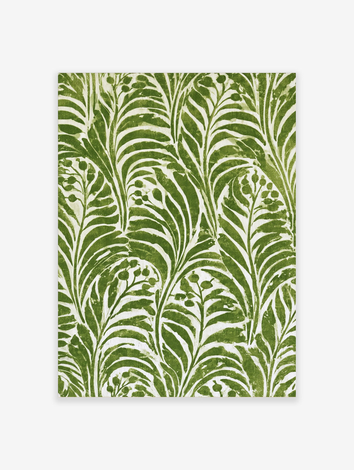 Green botanical leaf pattern with fern fronds and berry clusters on cream background