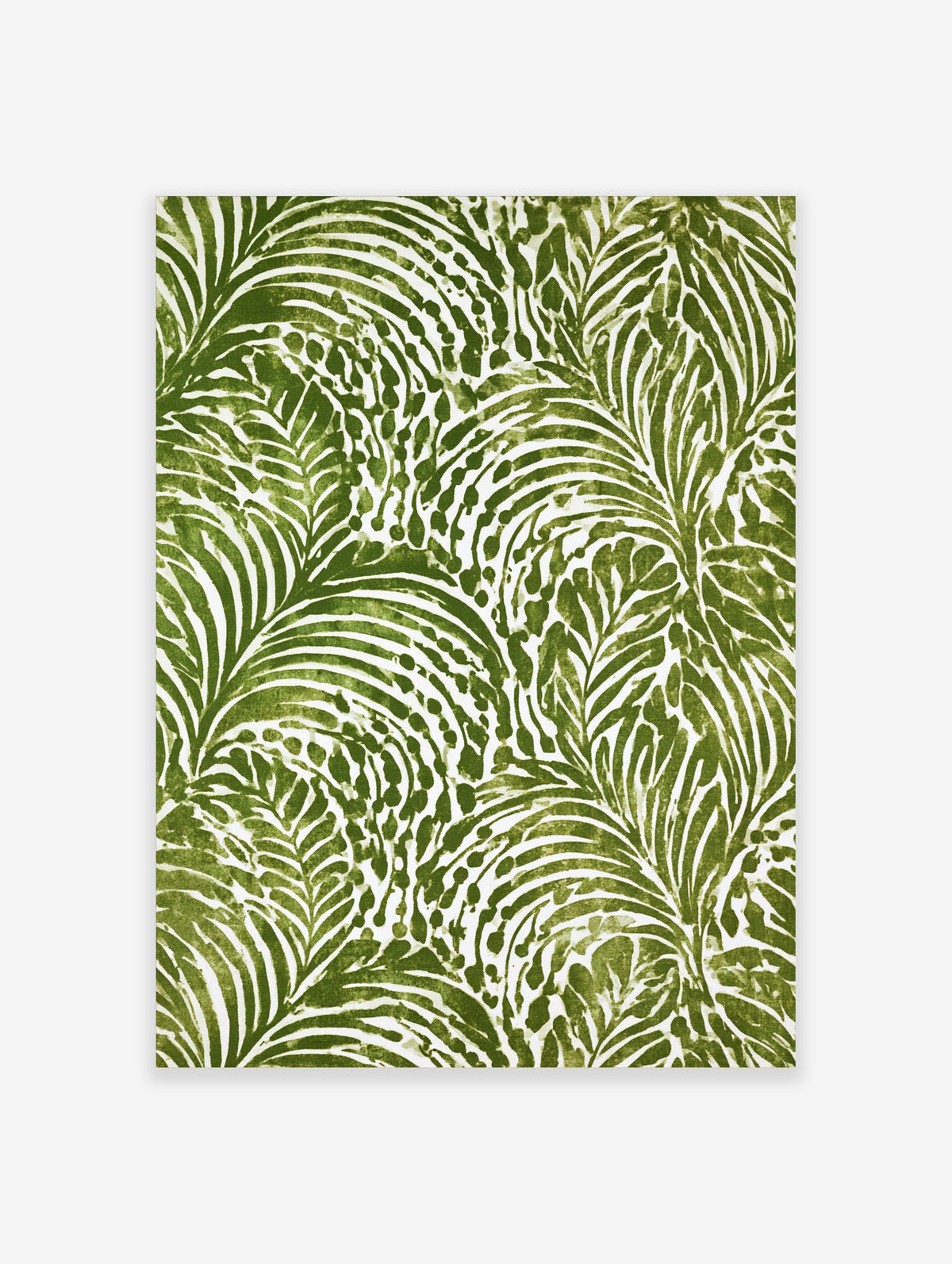 Green botanical leaf pattern with overlapping palm fronds and white background