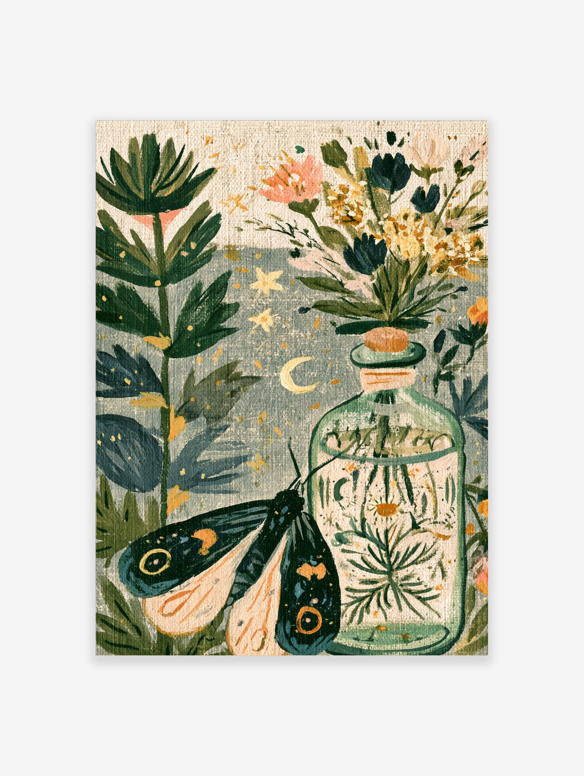 Botanical moth and green glass bottle poster with wildflowers and crescent moon
