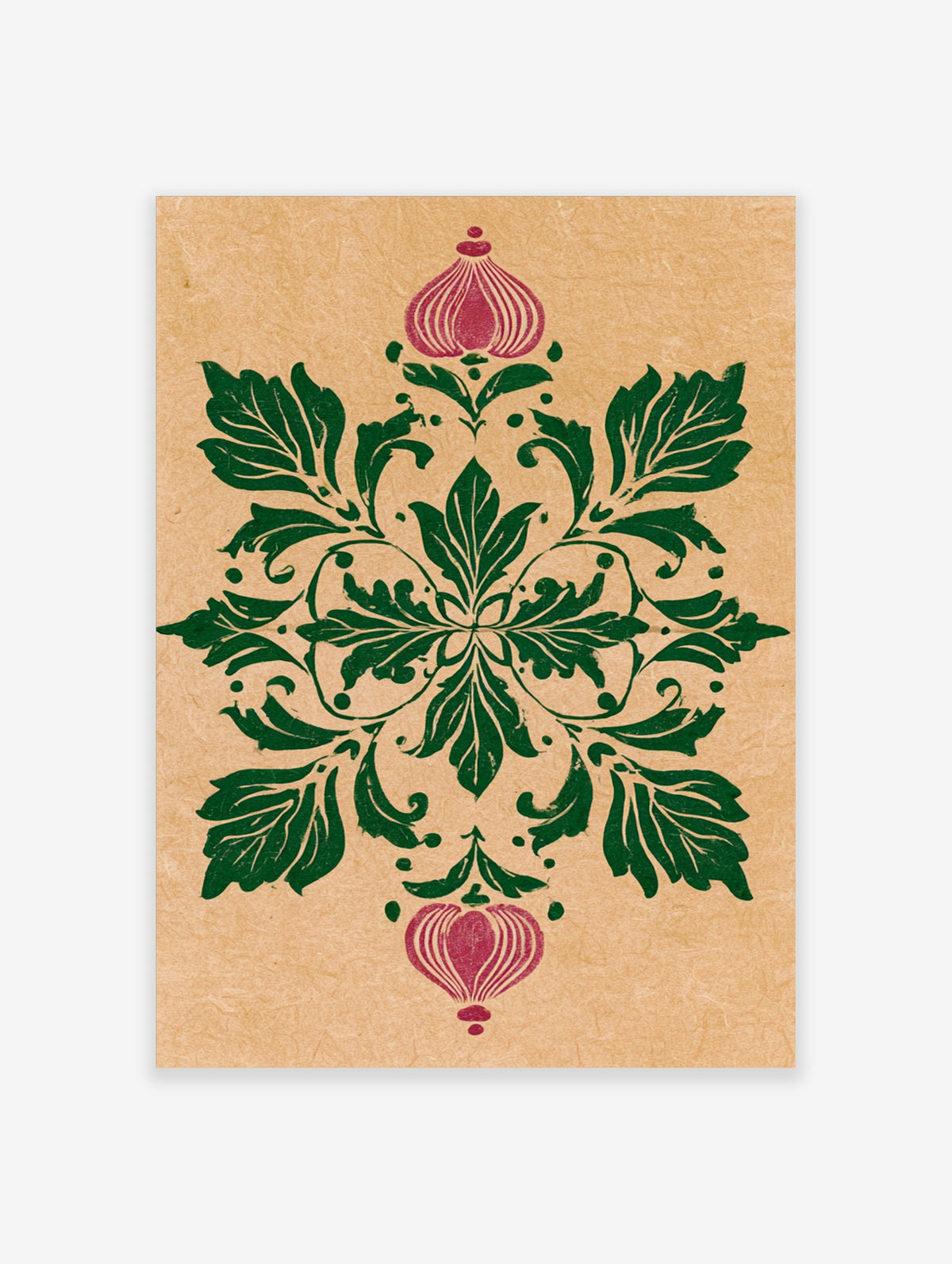 Green botanical ornament with pink flower motifs on beige background, symmetrical leaf design, unframed poster