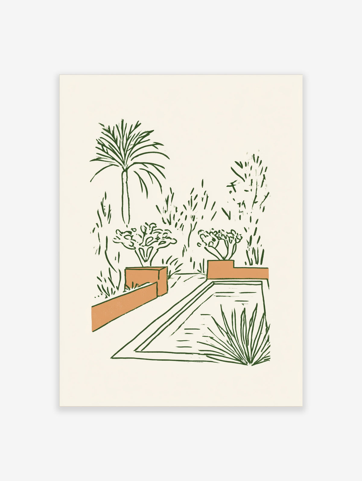 Green line-art poolside poster with palm tree, orange planters and spiky grass on neutral background