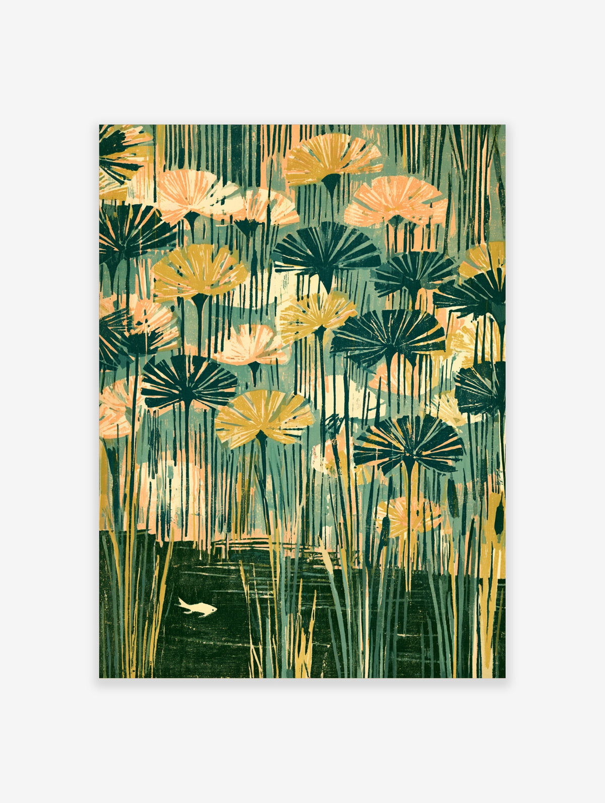 Green botanical poster with abstract meadow flowers, tall grass stems, and a small white fish