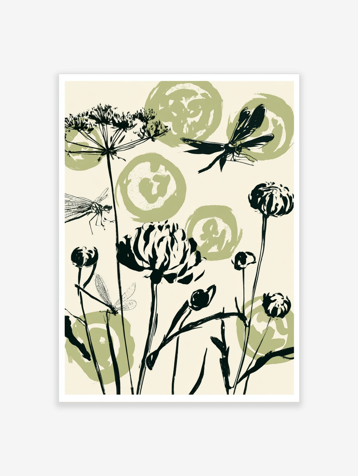 Green botanical poster with black dragonflies, wildflowers, and sage green circles on cream background