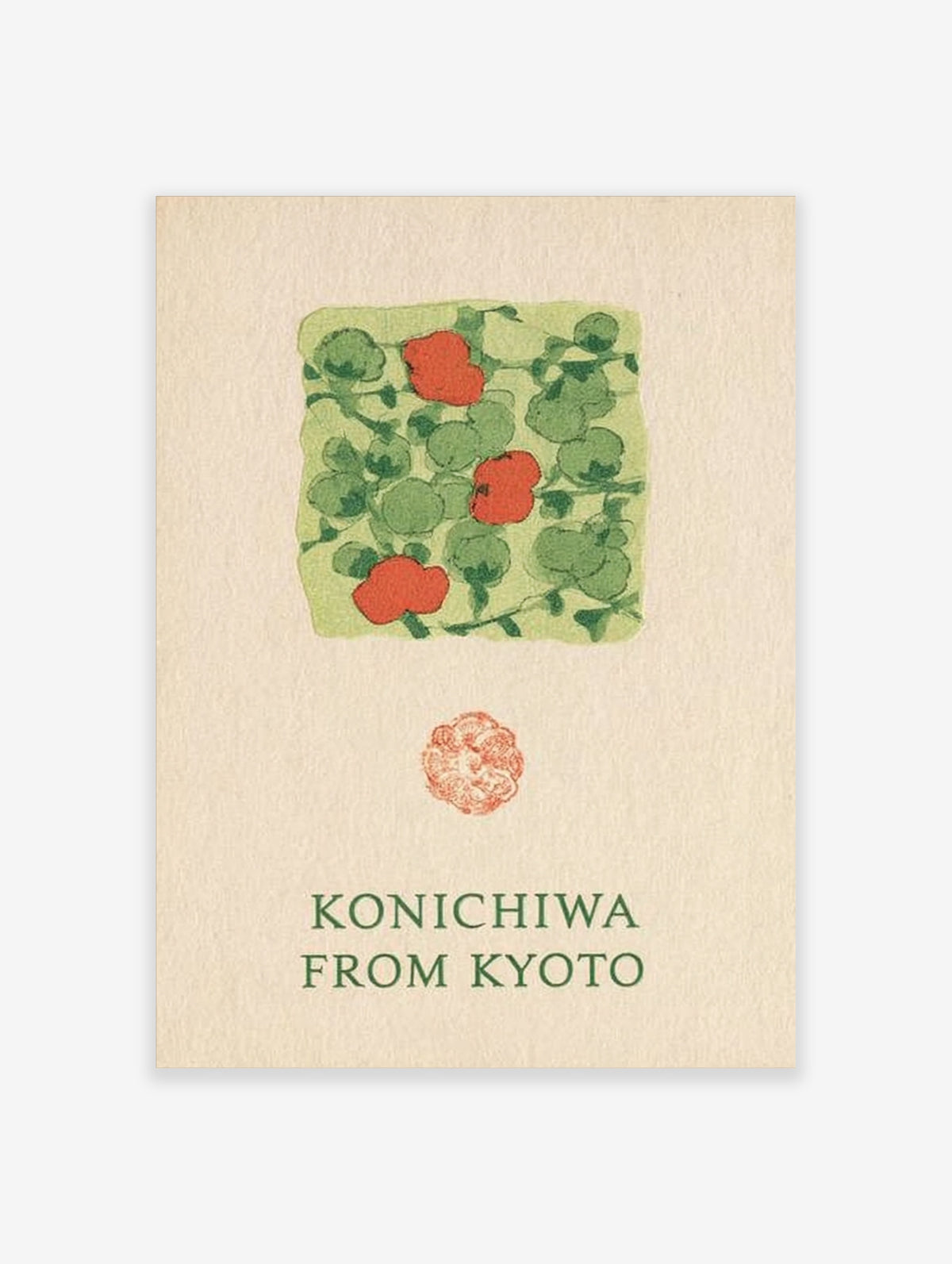 Green botanical poster with red blossoms, Konichiwa from Kyoto text, and red seal stamp on cream background
