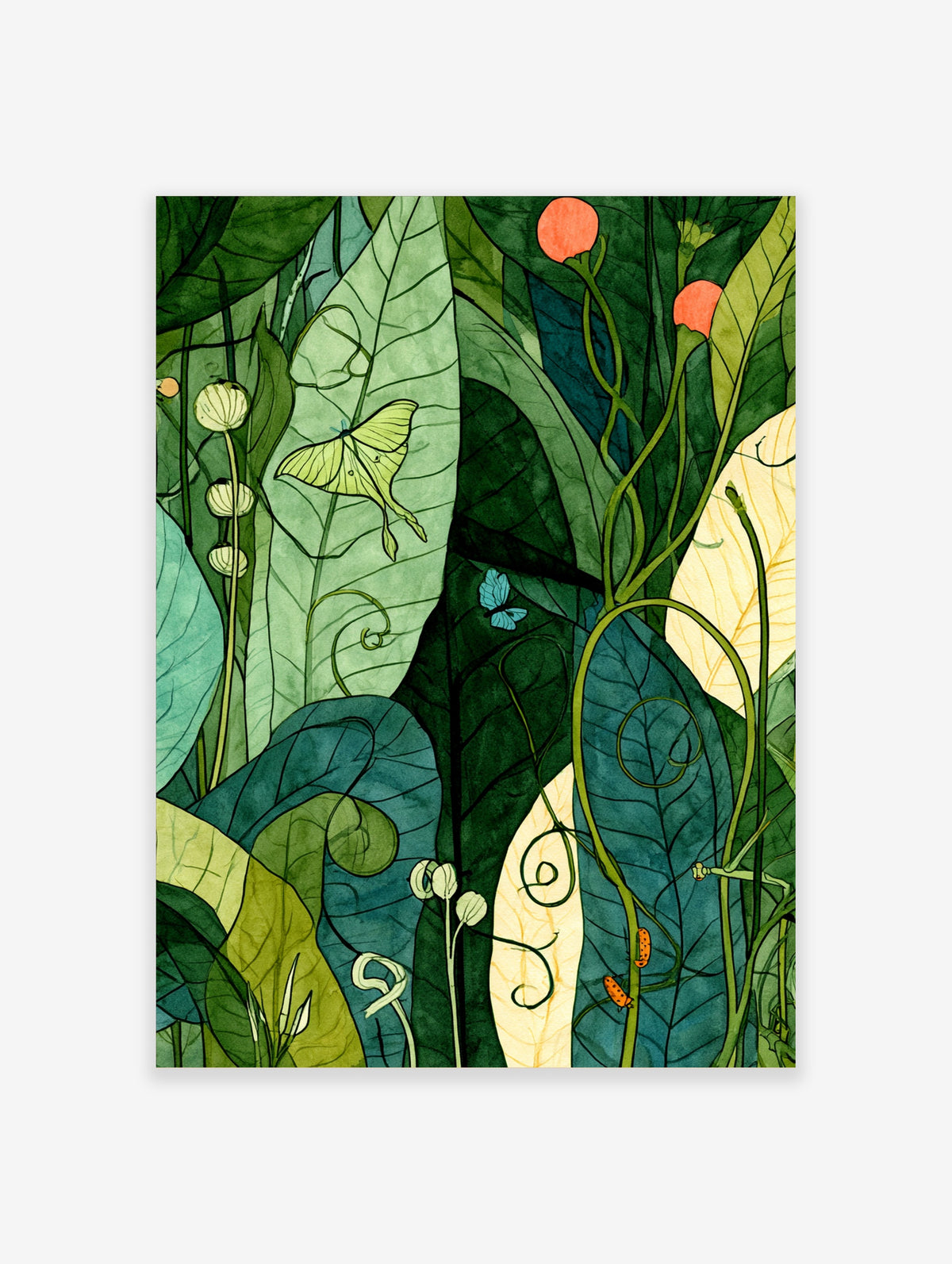 Green botanical art print with a pale luna moth, blue butterfly, curling tendrils and broad jungle leaves