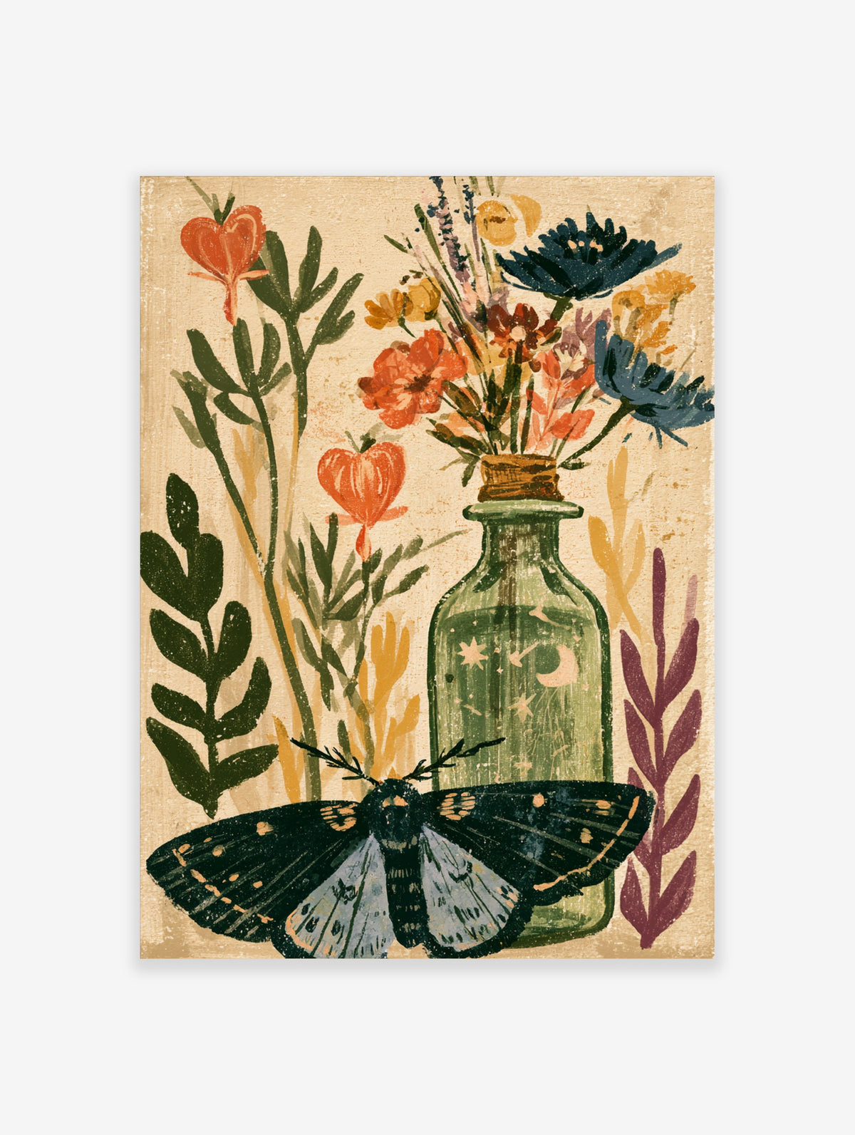 Green botanical poster with a dark moth, wildflowers in a green bottle, and heart-shaped red blooms on a beige background