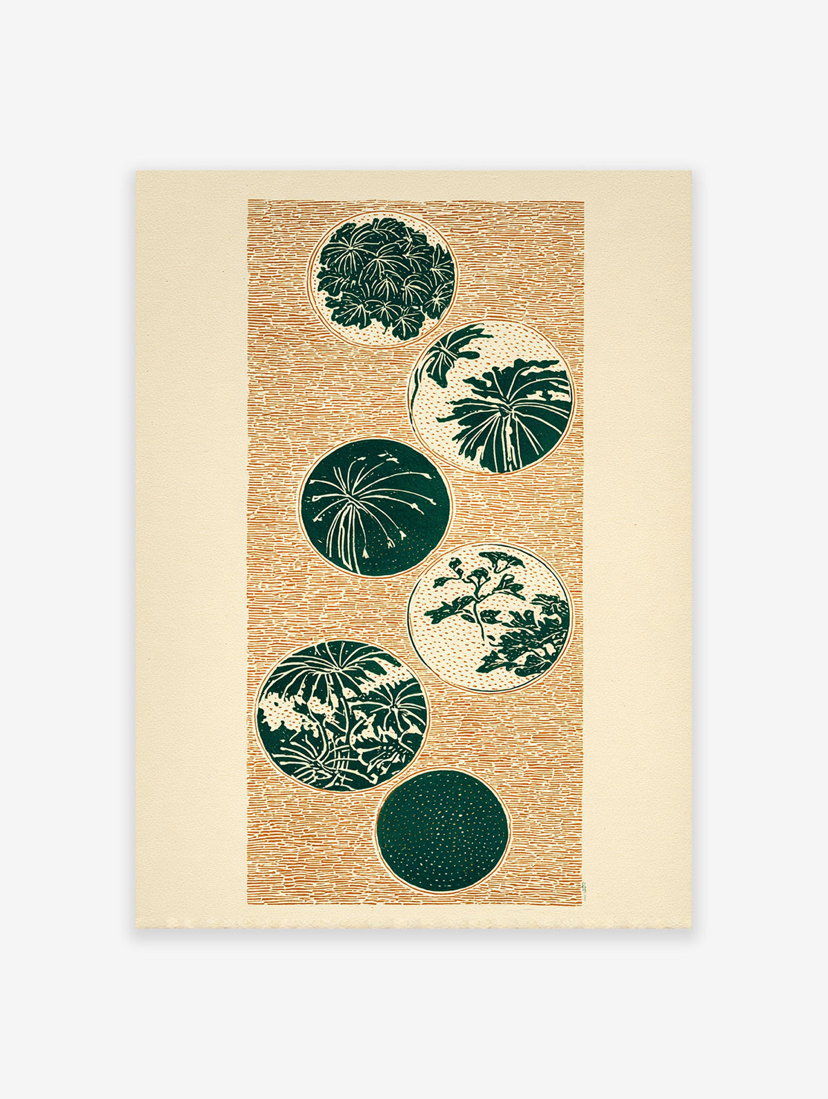 Japanese botanical wall art print with six green circular motifs on a textured brown background.