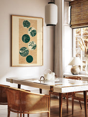 Japanese botanical wall art print with six green circular motifs on a textured brown background. - Image 3