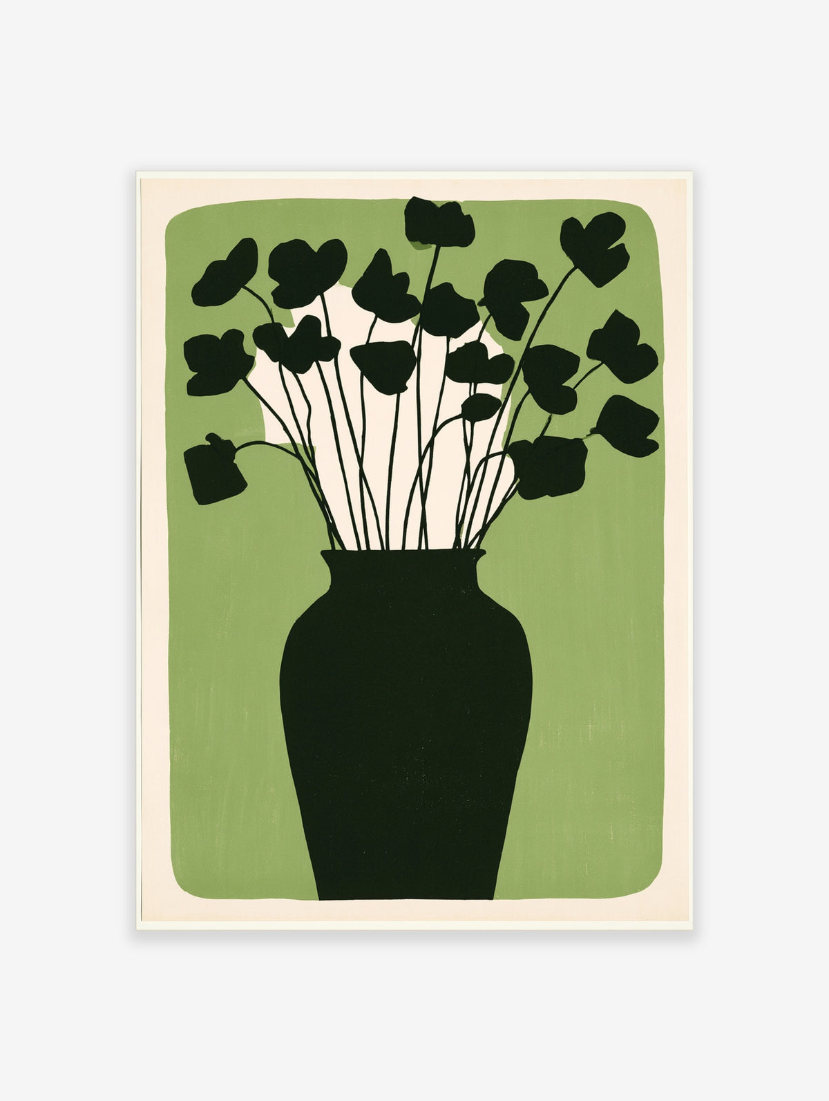Minimalist green poster of a black vase with tall black flower silhouettes on a light green background