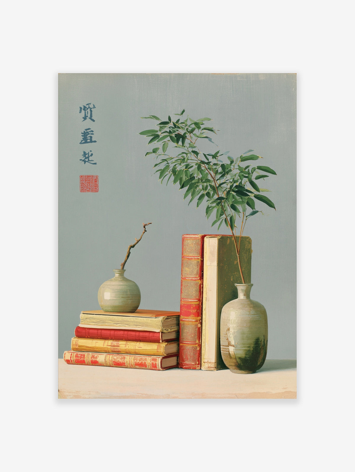 Green botanical still life poster with ceramic vases, stacked vintage books, leafy branches, blue calligraphy, and a red