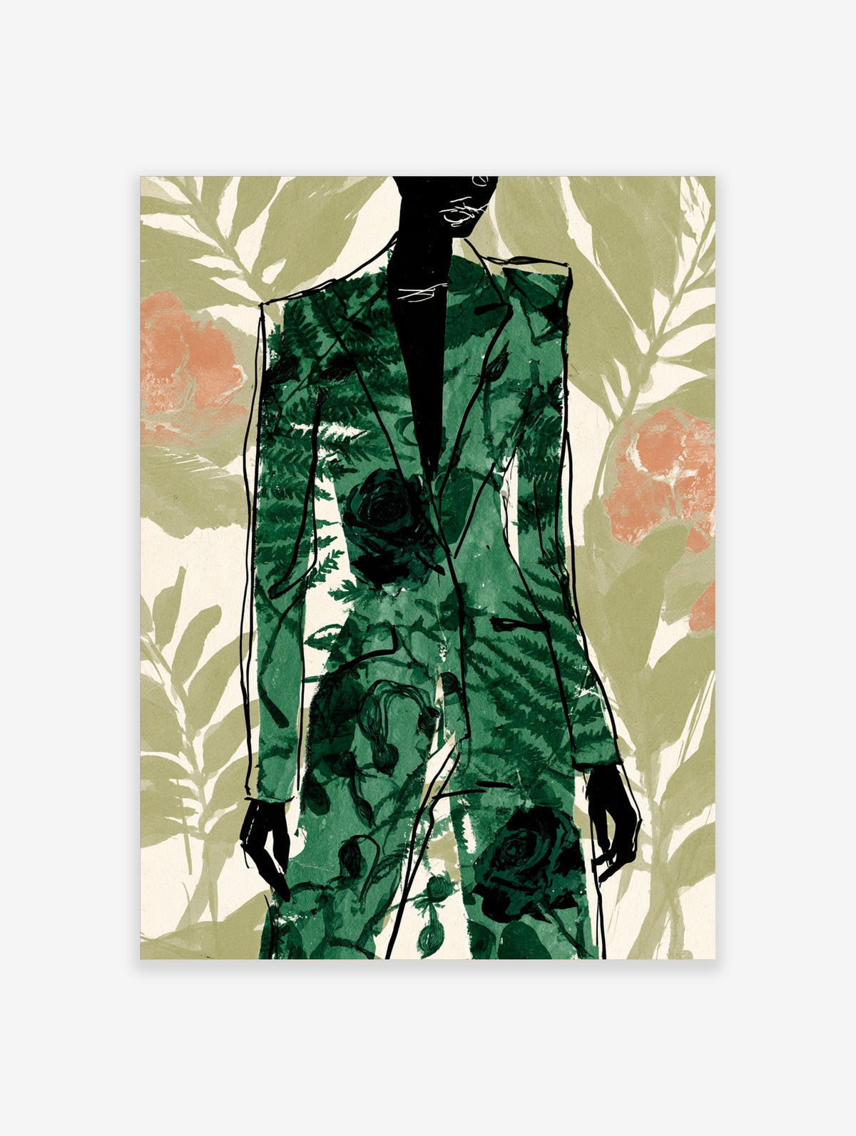 Fashion illustration of a figure in a green botanical suit with black ink outlines and floral motifs on a beige background