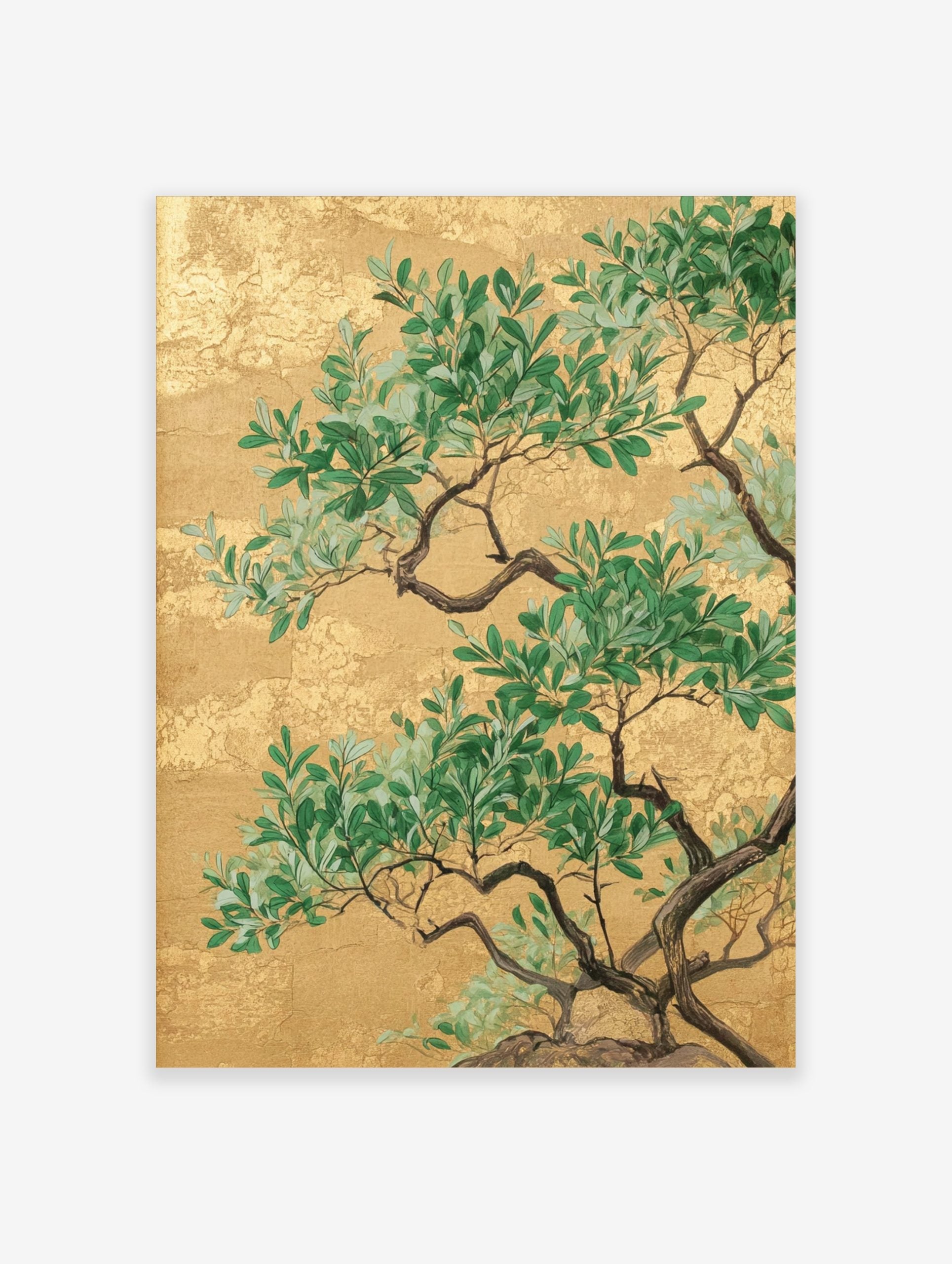 Green botanical tree branches with leaves against a textured gold background in an illustrative art print