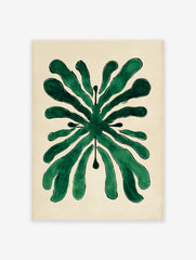 Abstract green botanical leaf illustration art print on a cream background, featuring stylized organic shapes.