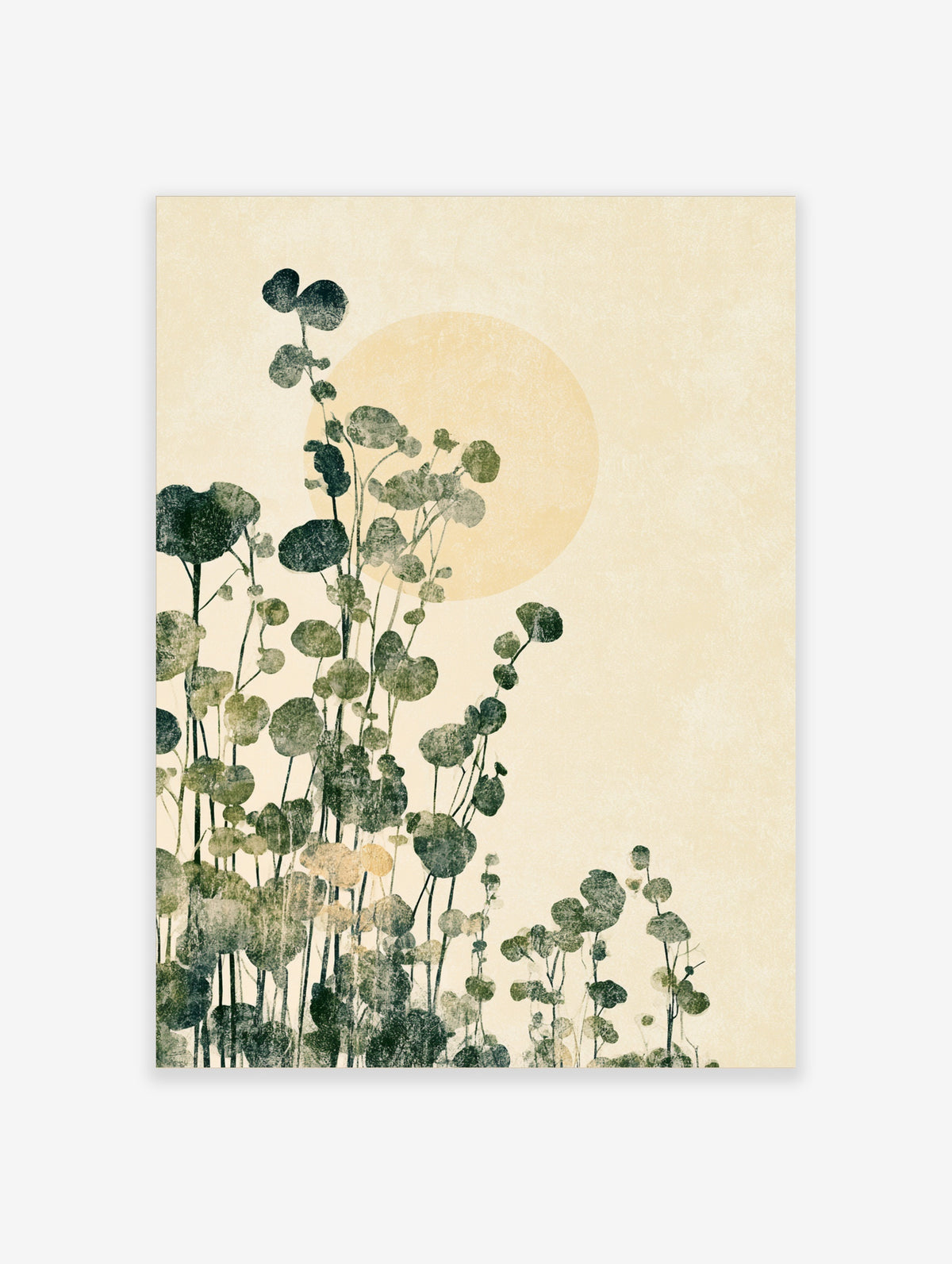 Green botanical art print with abstract leaves and pale sun on cream background