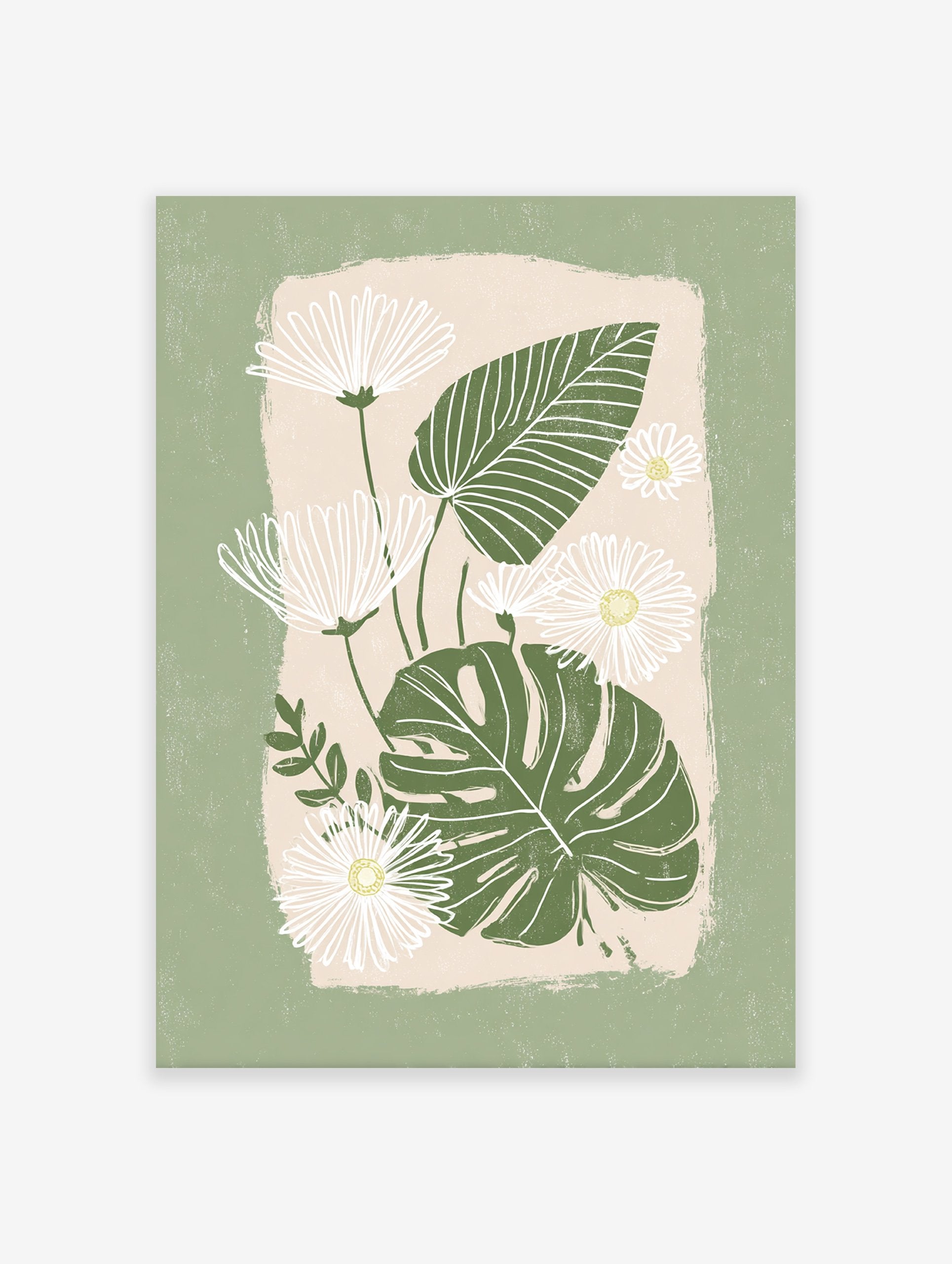 Green botanical wall art featuring white daisies with yellow centers and dark green monstera leaves on a light beige background.