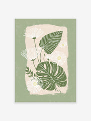 Green botanical wall art featuring white daisies with yellow centers and dark green monstera leaves on a light beige background.