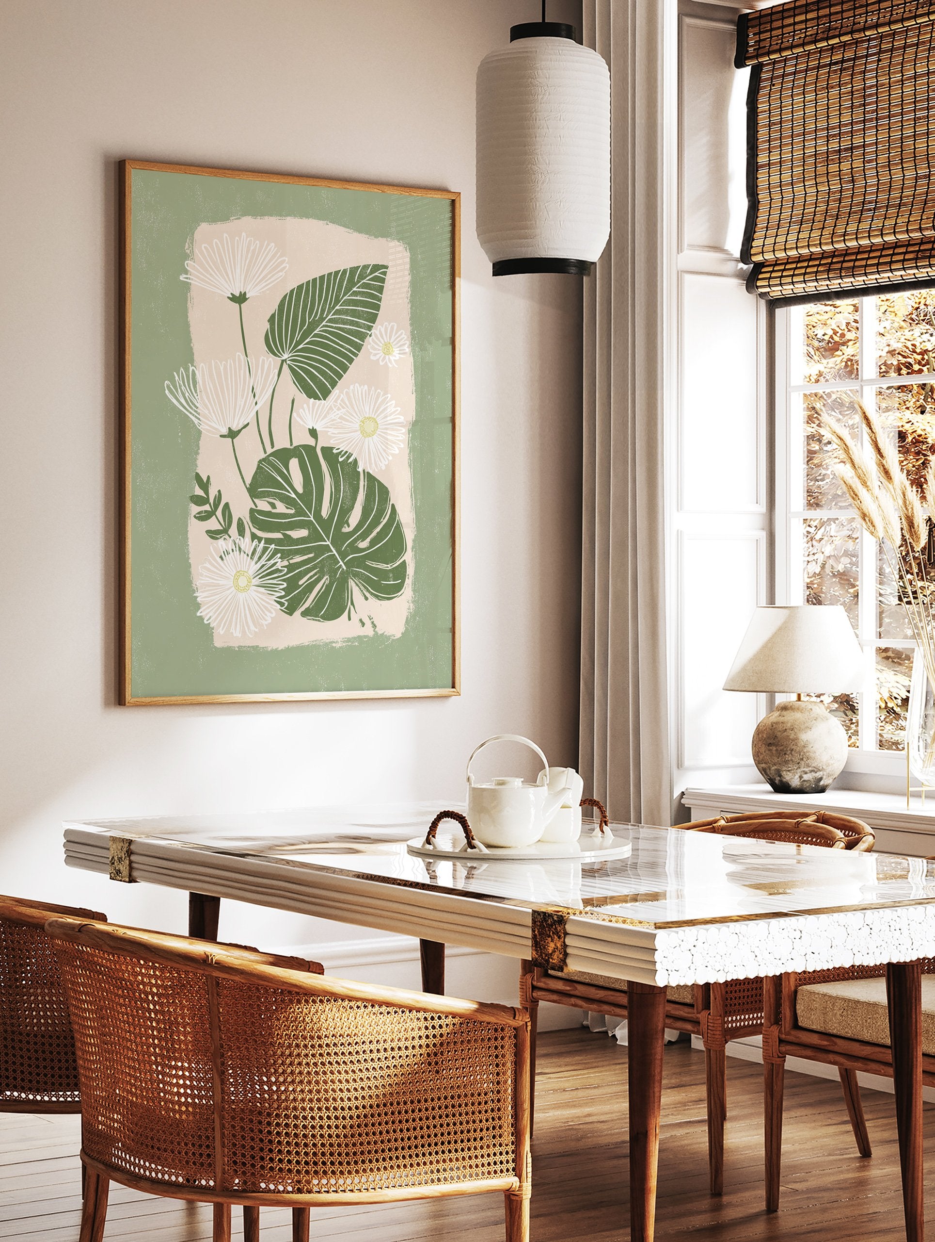 Green botanical wall art featuring white daisies with yellow centers and dark green monstera leaves on a light beige background. - Image 3