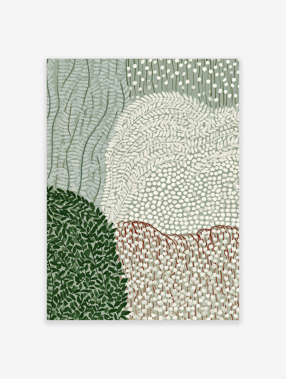 Green botanical art print with layered fern leaves, white seed dots, and red stems on a muted background