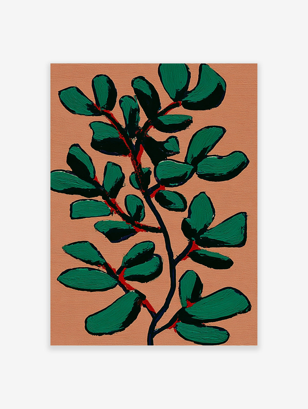 Green botanical wall art with stylized leaves on terracotta background