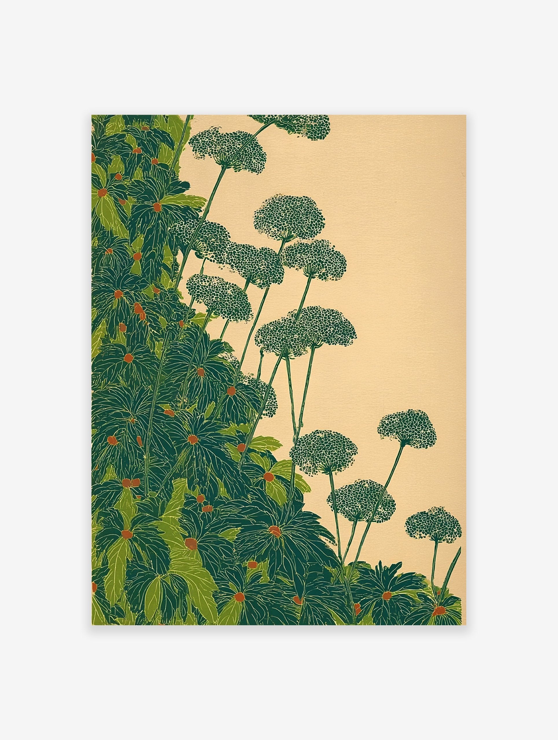 Green botanical wall art featuring lush green leaves and delicate plants in a Japanese illustration style on a light background.