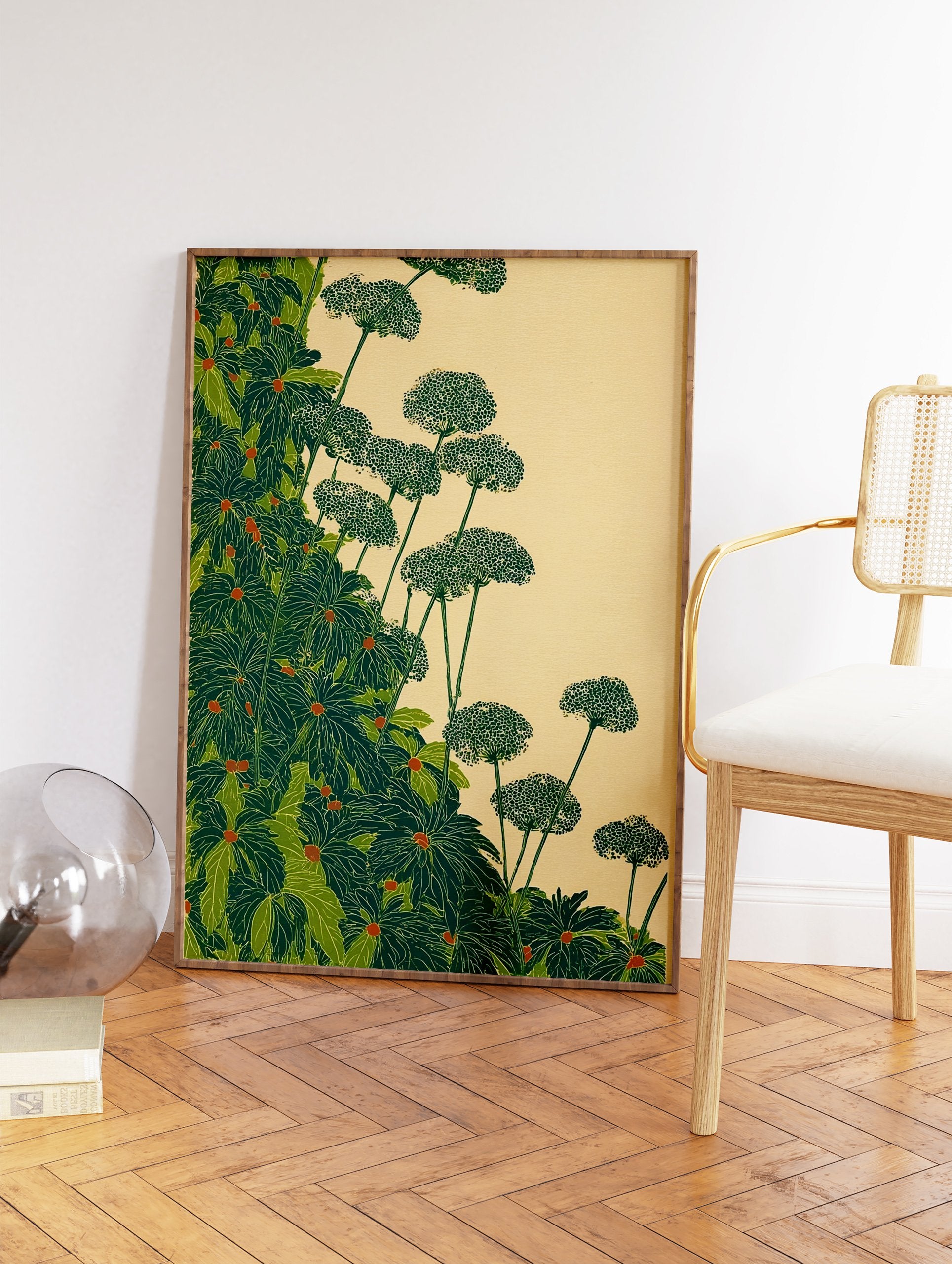 Green botanical wall art featuring lush green leaves and delicate plants in a Japanese illustration style on a light background. - Image 2