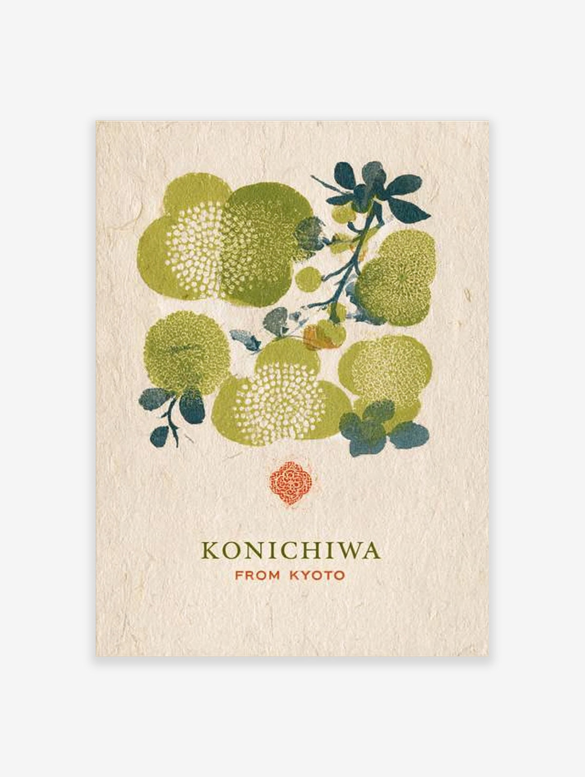 Green botanical art print with KONICHIWA text and red seal on cream background