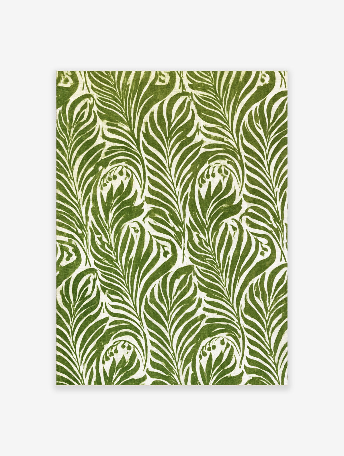 Green botanical leaf pattern art print with stylised fronds and berry motifs on cream background