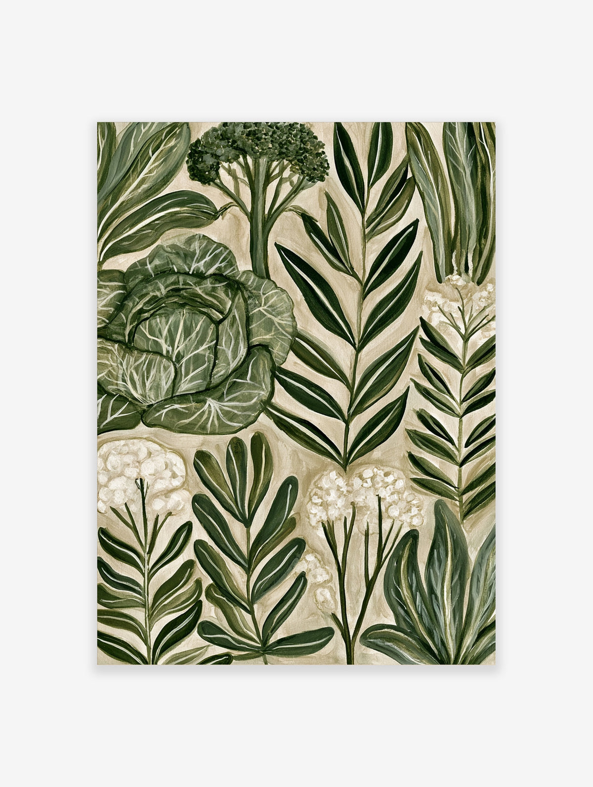 Green botanical art print with layered cabbage leaves, palm fronds, and pale flowers on beige