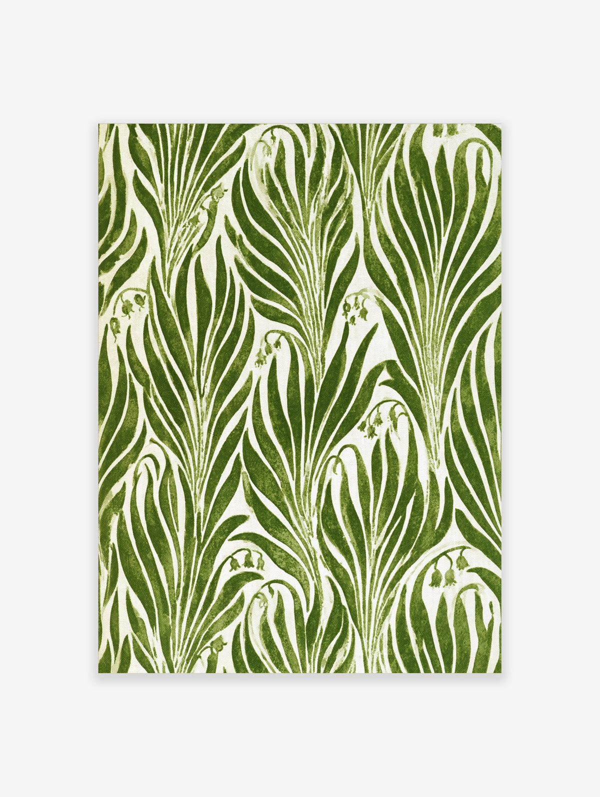 Green botanical art print with upright leafy stems and small bell flowers on cream background