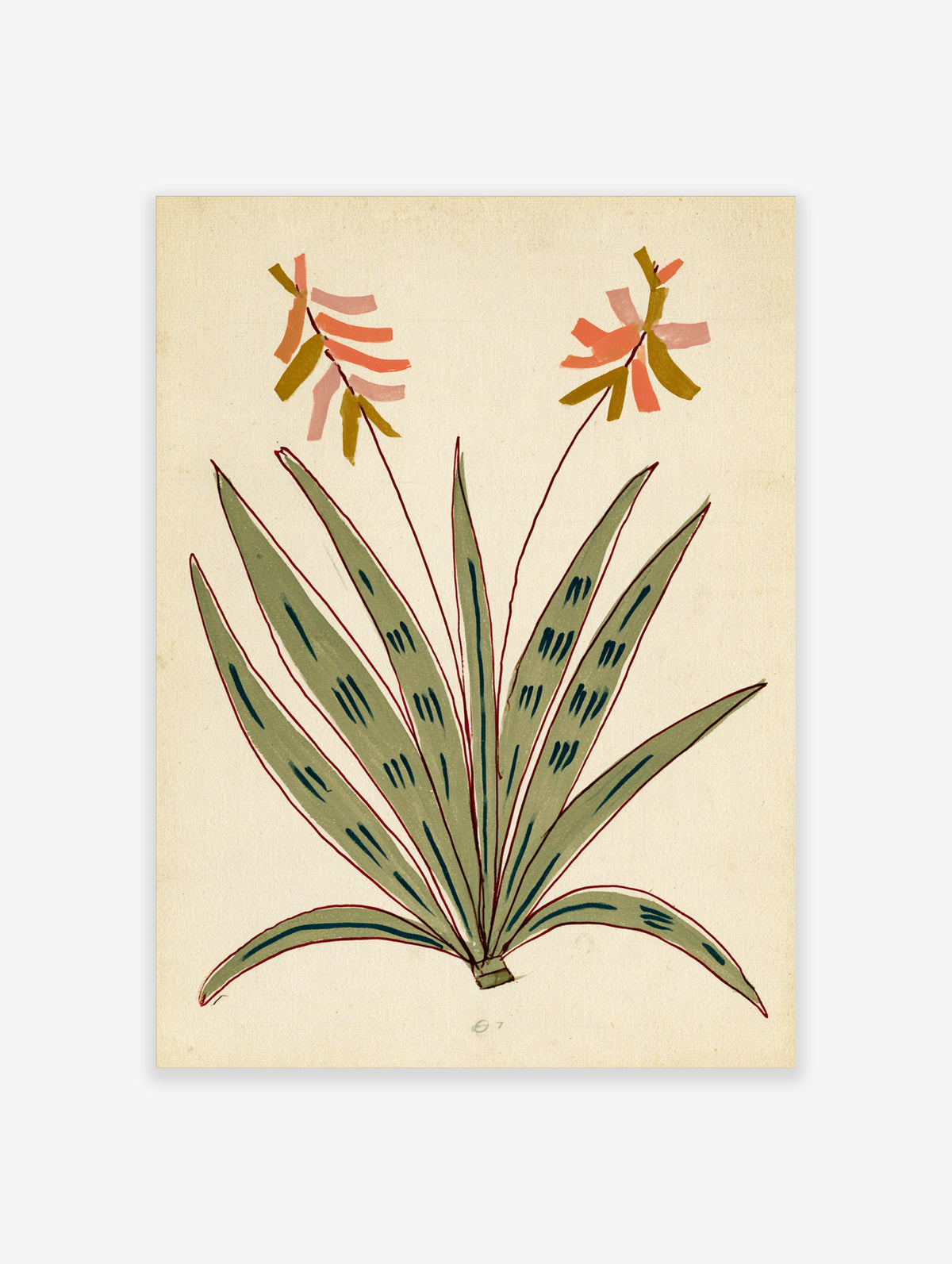 Stylised green plant with red-outlined leaves and teal dashes, plus coral and olive brushstroke flowers on a light