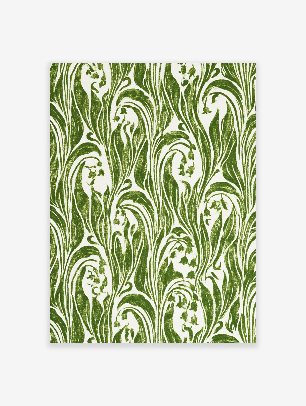 Green and white botanical art print with lily of the valley stems and bell flowers in a repeating vertical pattern