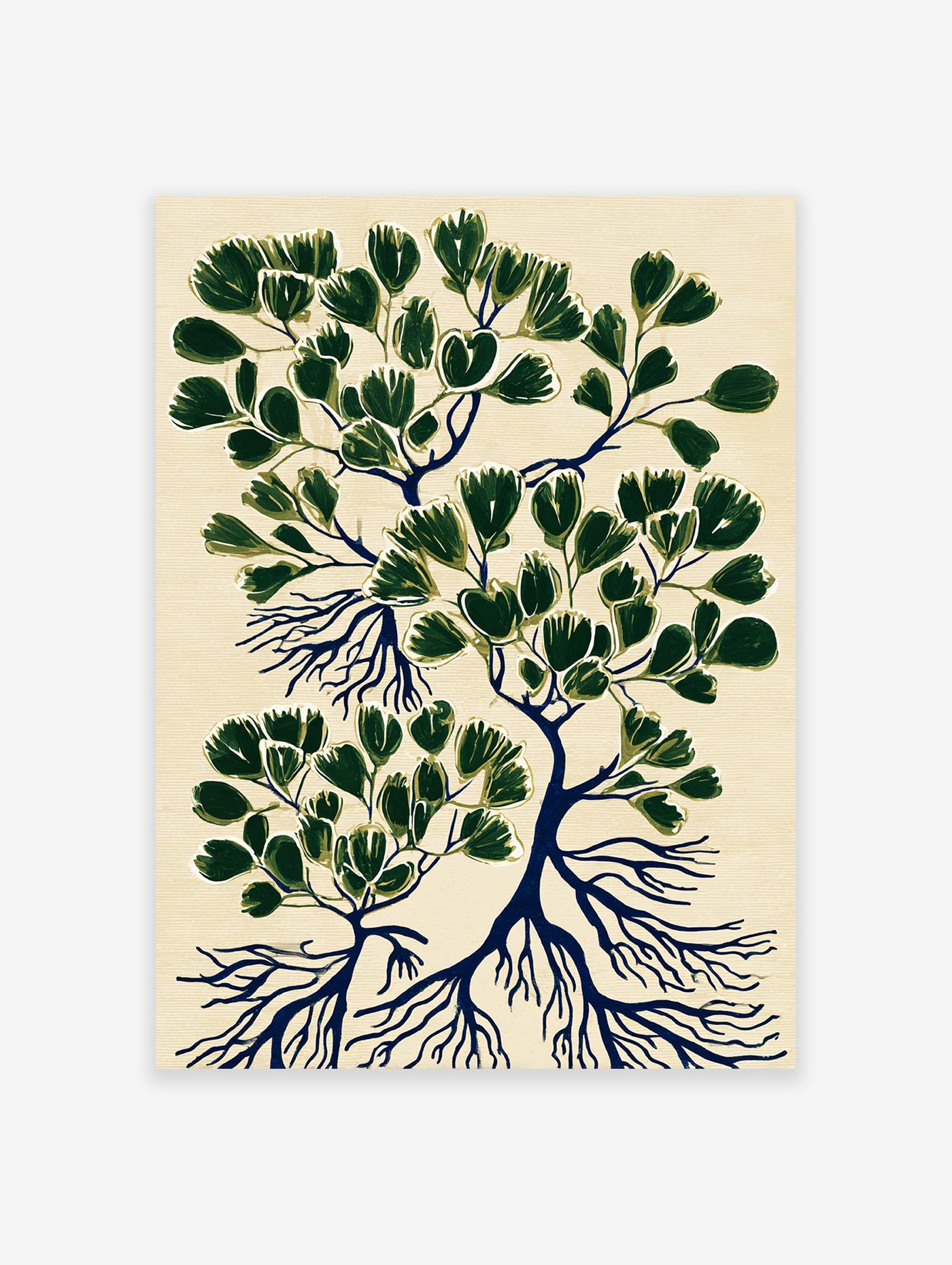 Modern botanical wall art print with dark green stylized leaves and deep blue roots on a light beige textured background.