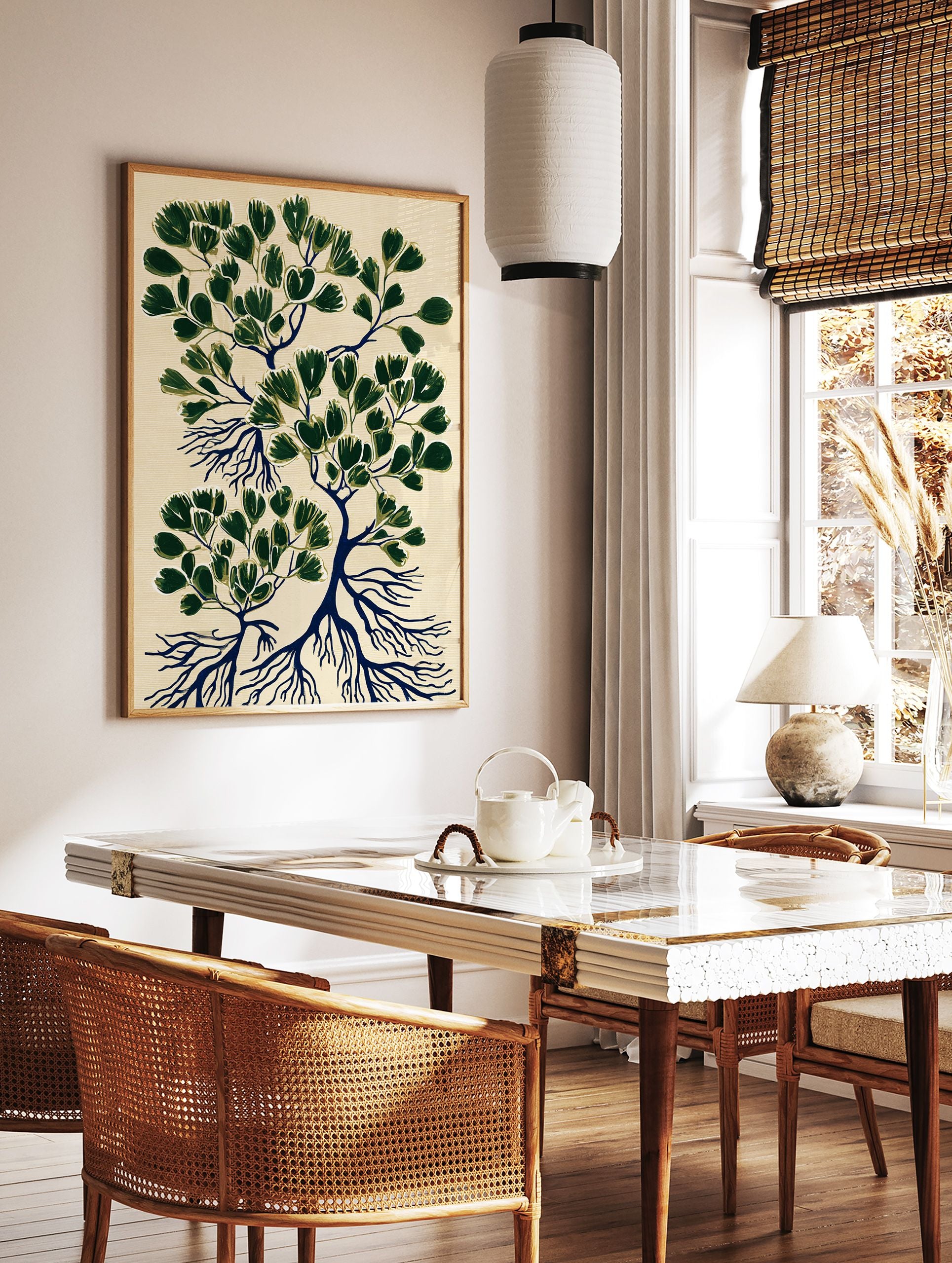 Modern botanical wall art print with dark green stylized leaves and deep blue roots on a light beige textured background. - Image 2