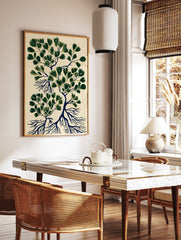 Modern botanical wall art print with dark green stylized leaves and deep blue roots on a light beige textured background. - Image 2