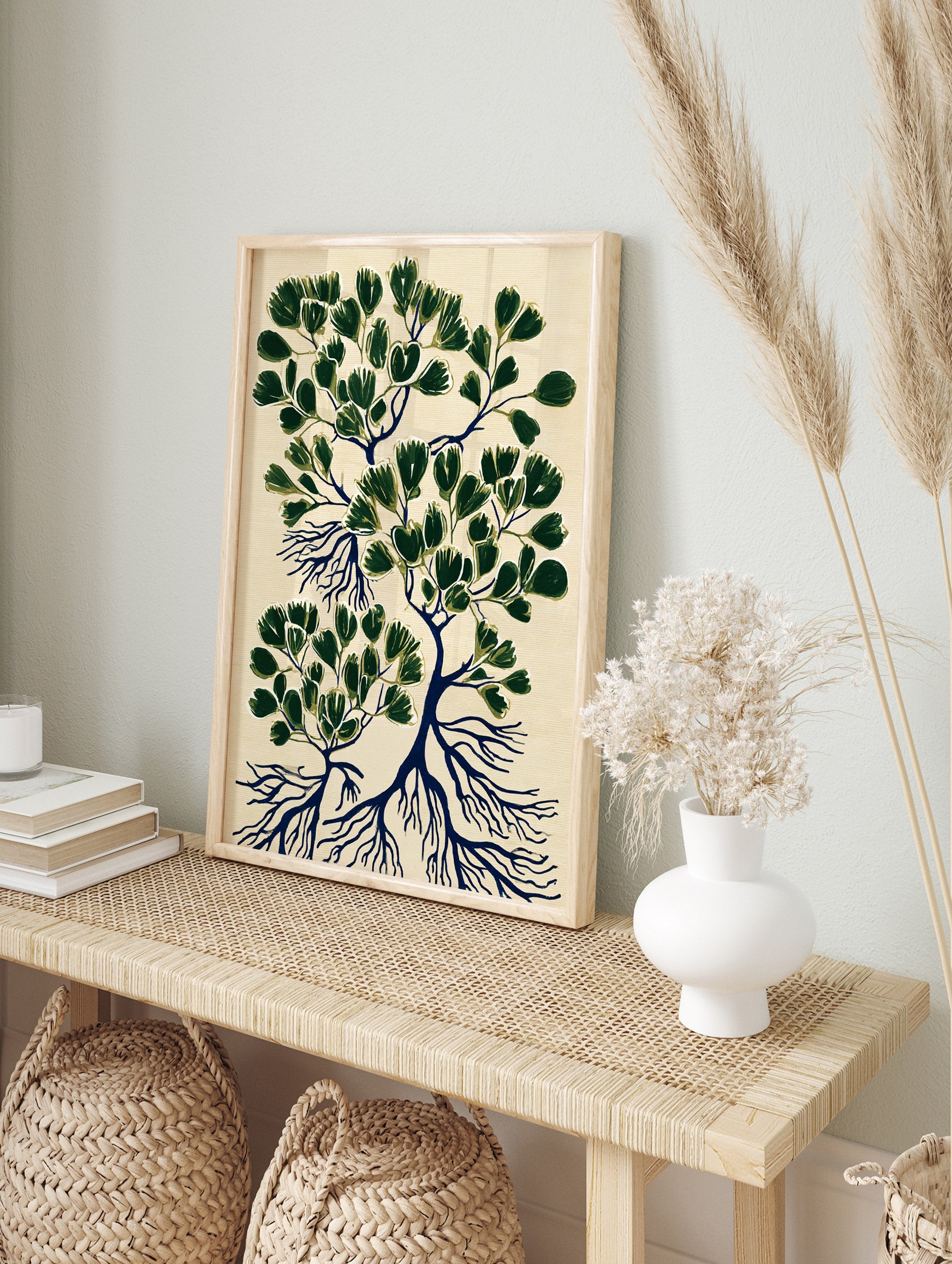 Modern botanical wall art print with dark green stylized leaves and deep blue roots on a light beige textured background. - Image 3