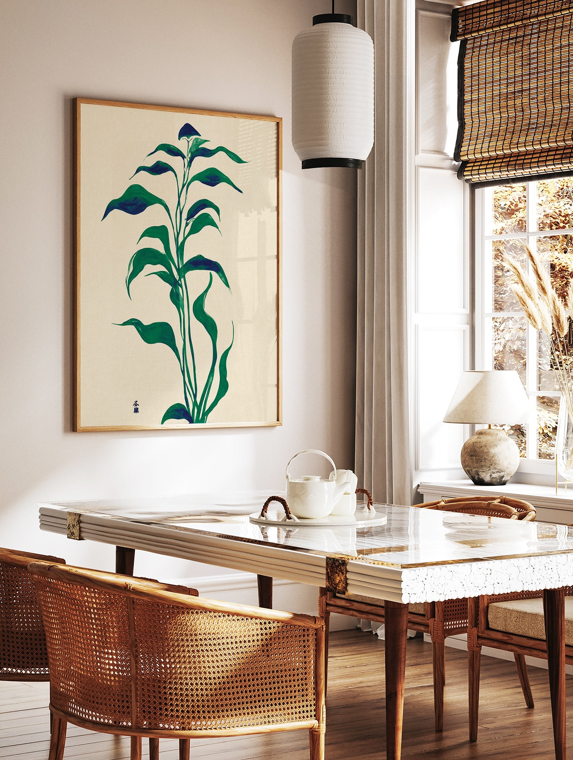Modern botanical wall art print featuring a tall green leafy plant illustration on a cream background with subtle Japanese characters. - Image 2
