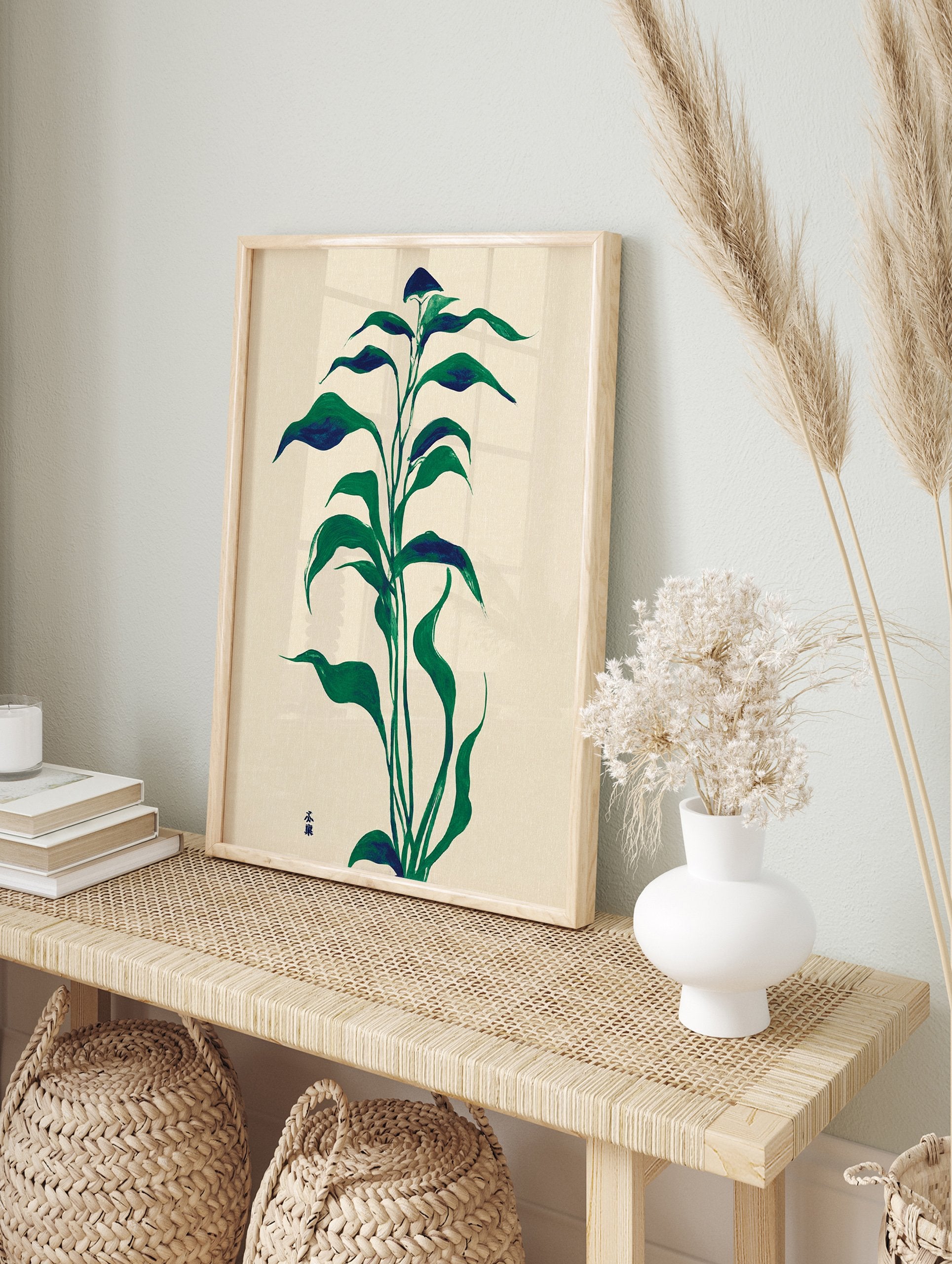 Modern botanical wall art print featuring a tall green leafy plant illustration on a cream background with subtle Japanese characters. - Image 3