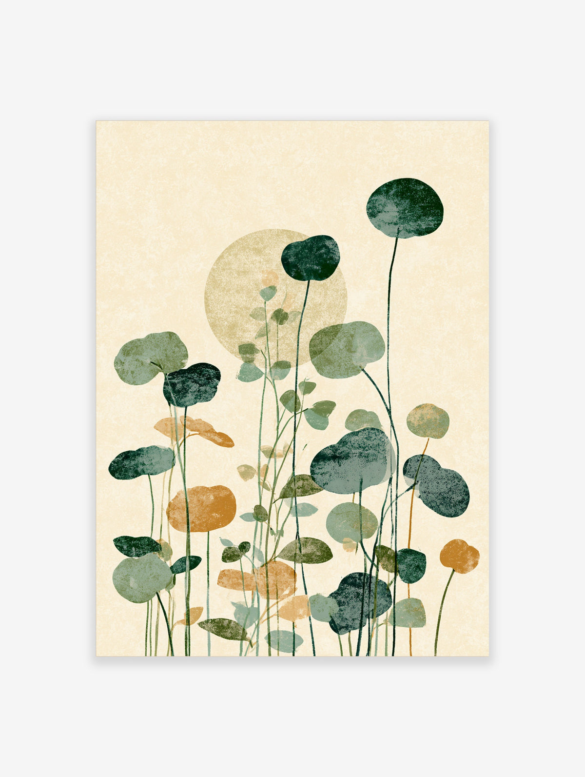 Green botanical art print with layered leaf shapes and thin stems on beige background