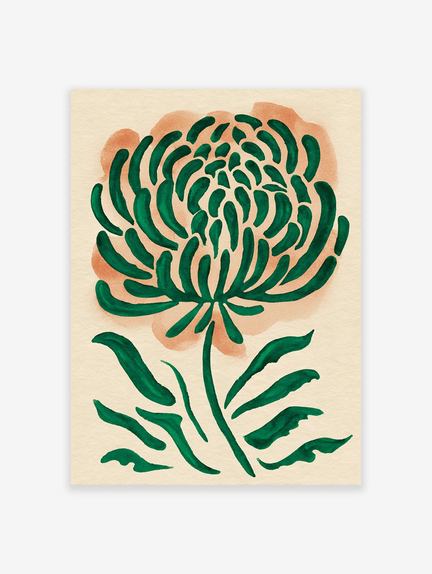 Modern green botanical wall art featuring a watercolor illustration of a stylized flower on an orange background.